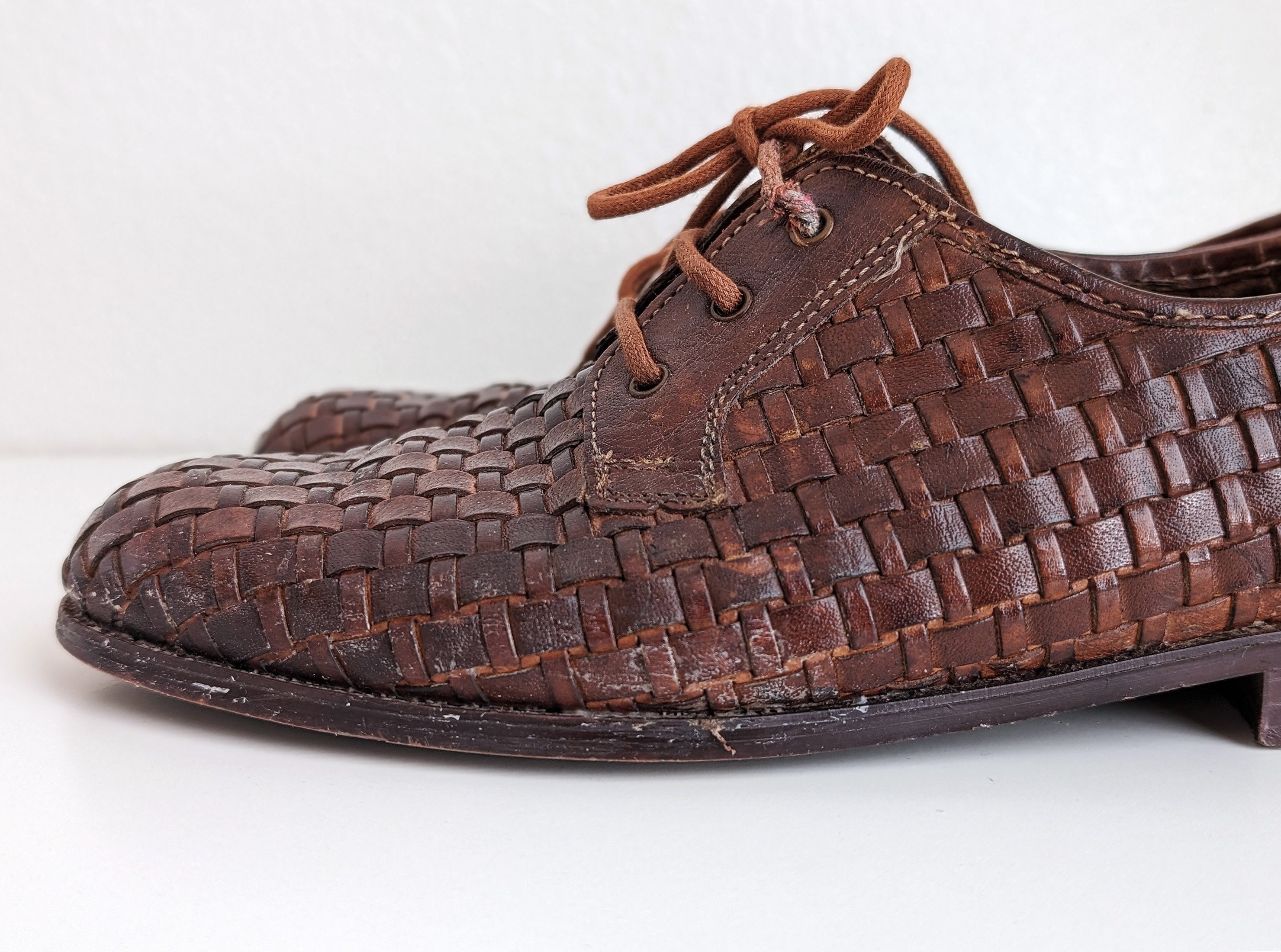 Vintage Men's Woven Derby Shoes, Italian Brown Leather Vintage Men's Woven Derby Shoes, Italian Brown Leather