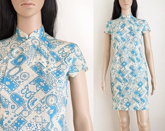 Vintage floral qipao dress, mosaic tile print cheongsam, size S small