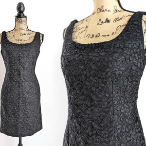 Vintage 80s black lace dress, Ann Taylor floral lace sheath dress, lace cocktail dress, size 10 medium