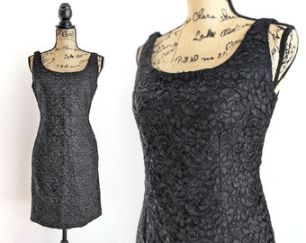 Vintage 80s black lace dress, Ann Taylor floral lace sheath dress, lace cocktail dress, size 10 medium