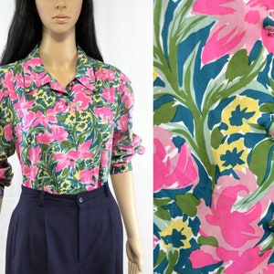 Vintage pink floral blouse, 80s brushstroke floral button down shirt, size 10 medium M