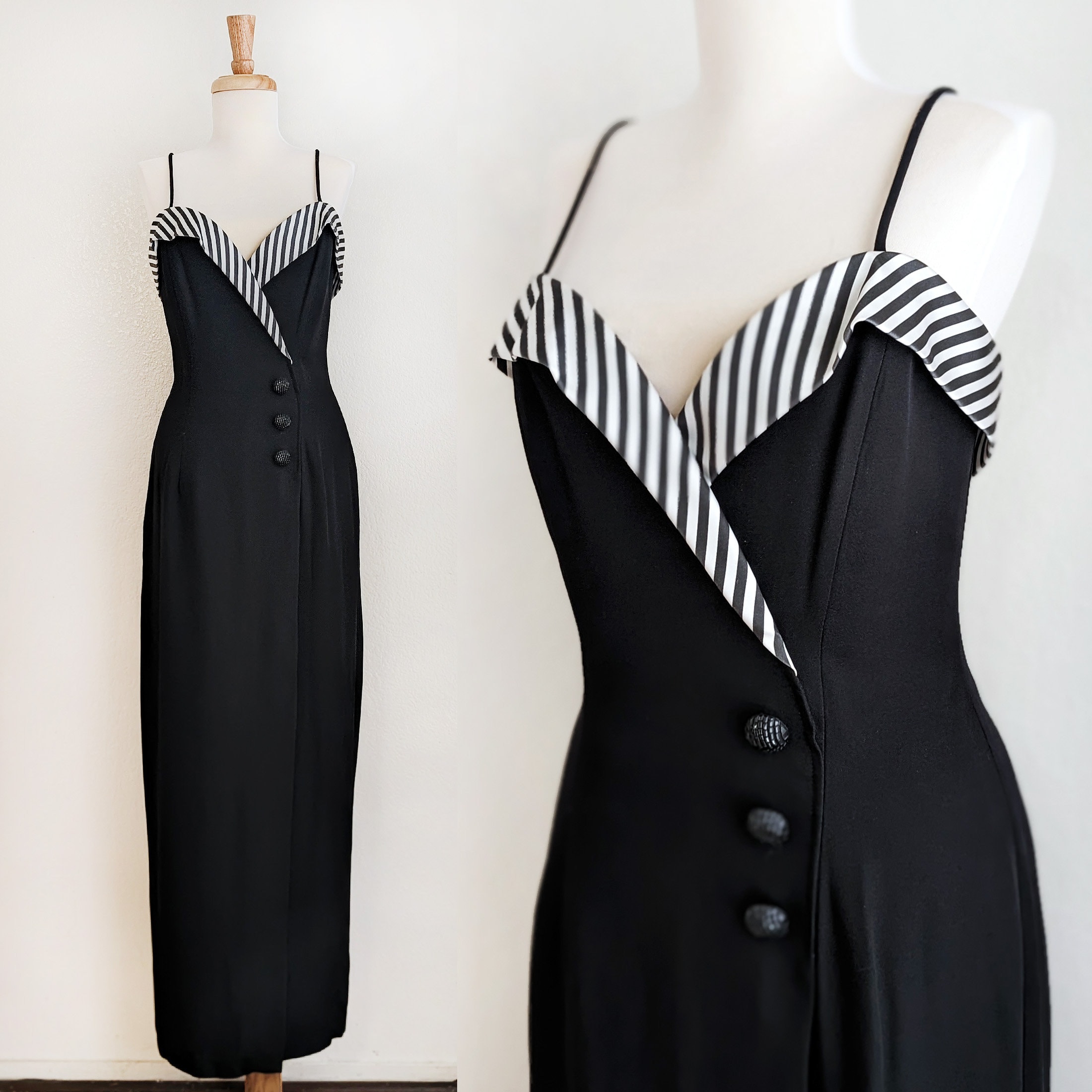 Vintage Betsy & Adam Black Cocktail Dress: 80s Striped Formal Gown, Size S  - Etsy