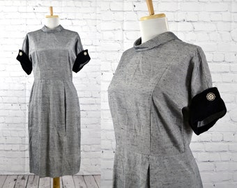 Vestido de tubo vintage gris con puños de terciopelo, de los años 50, de shantung de seda, talla 8