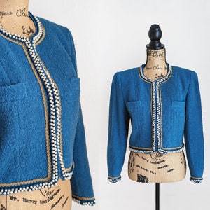 Vintage boucle cropped jacket, 80s blue pearl studded blazer, gold trimmed cropped blazer, made in Japan, size M medium