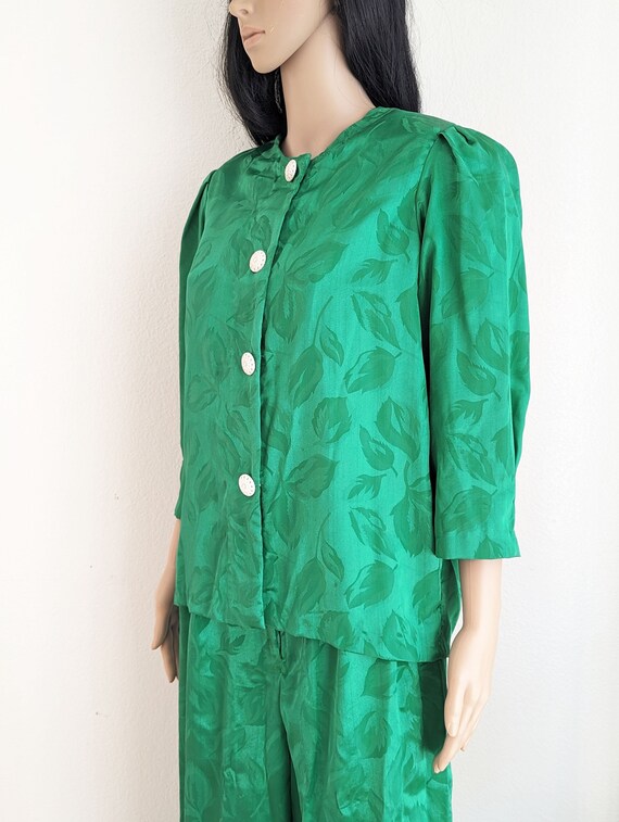 Vintage 80s green jacquard pant set, three piece … - image 6