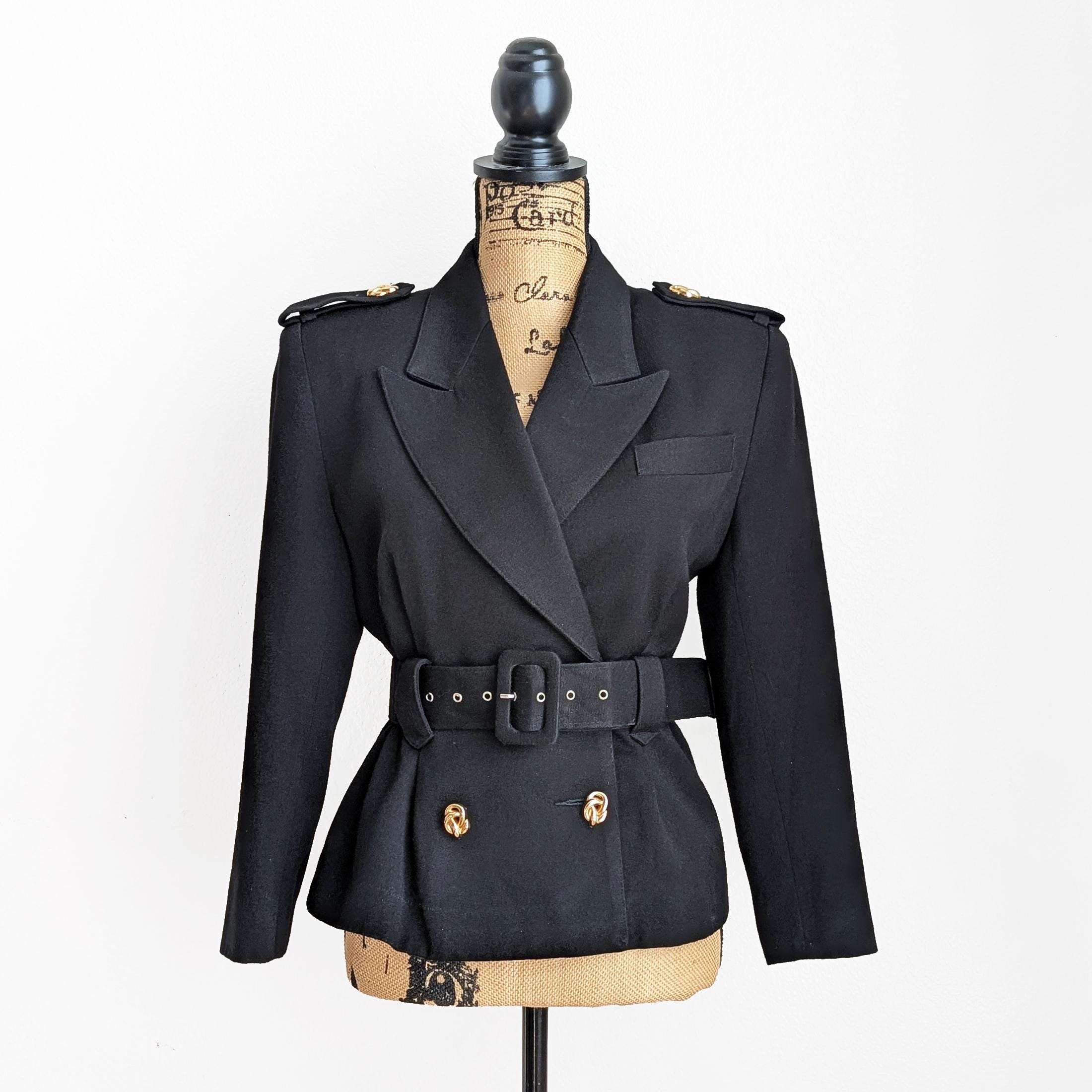 Vintage 80s Black Belted Blazer, Double Breasted Military Vintage 80s Black Belted Blazer, Double Breasted Military