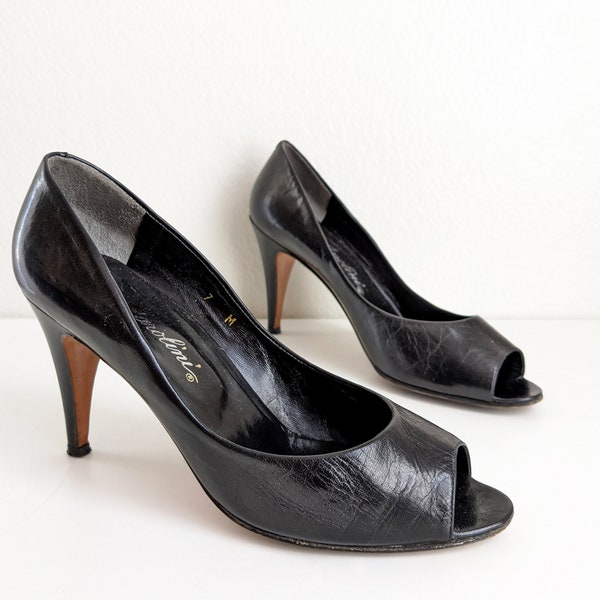 Vintage black peep toe pumps, Italian leather heels, Garolini, size 7M