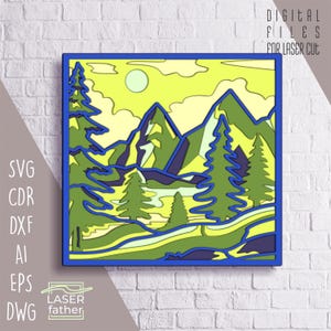Archivos SVG de naturaleza, CDR, AI, EPS, DWG y DXF para corte láser, arte multicapa, diseño forestal, silueta de montaña, Cricut, Glowforge, Xtool y CNC