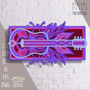 Gitaar gelaagde SVG, muziekinstrumentontwerp, 3D Xtool Crafts, Papercut Art, CNC-plasma, cdr ai eps dwg dxf digitale bestanden voor lasersnijden