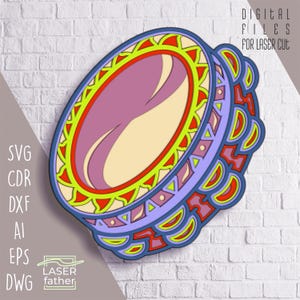File digitali in formato SVG, CDR AI EPS DWG DXF a strati di tamburello per taglio laser, progettazione musicale, modelli Glowforge, artigianato Cricut, progetto CNC