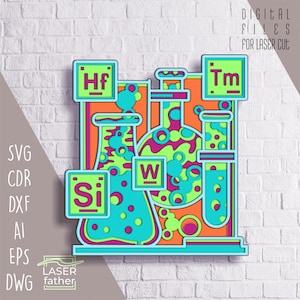 Elementos químicos en capas 3D SVG, plantilla CNC, proyectos Cricut, diseño de química, arte científico, archivos CDR, AI, EPS, DWG y DXF para corte láser