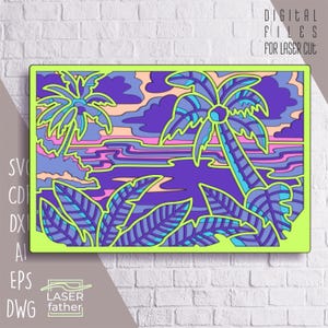 Archivos SVG de playa tropical, cdr ai eps dwg dxf para corte láser, arte multicapa, arte natural, diseño de Cricut, recorte de papel, proyecto Xtool