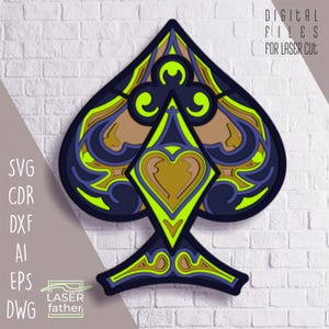 Pica en capas SVG 3D, símbolo de naipes, diseño de póker, Xtool Craft, proyecto de máquina CNC, archivos digitales CDR, AI, EPS, DWG, DXF para corte láser