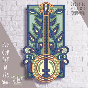 Chitarra folk a strati 3D SVG, progetto CNC, progetti di ritagli in legno, arte degli strumenti musicali, file digitali cdr ai eps dwg dxf per taglio laser