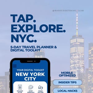 Puede incluir: Un teléfono inteligente muestra un planificador de viaje digital para Nueva York, con iconos de información esencial y consejos locales. El texto dice "Tap. Explore. NYC." y "Descarga instantánea."