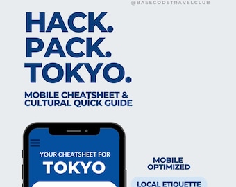 以下が含まれることがあります： スマートフォンに、東京の青と白の旅行ガイドが表示されています。ガイドには、現地のマナー、スマートフレーズ、インサイダーのヒントに関するセクションが含まれています。携帯電話のテキストには「Hack. Pack. Tokyo」と書かれています。