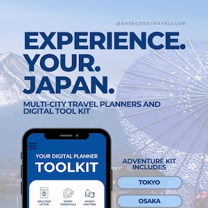 Può includere: Un pianificatore di viaggi digitale per il Giappone, con uno smartphone che mostra un toolkit con icone per la pianificazione. L'immagine include il testo "Experience Your Japan" ed elenca Tokyo, Osaka e Kyoto come destinazioni.