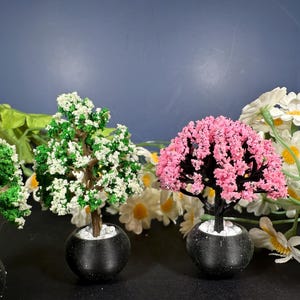 May include: Miniature artificial bonsai trees with green and white or pink foliage in black pots. Daisies and greenery are in the background. Decorative, small, and colorful.