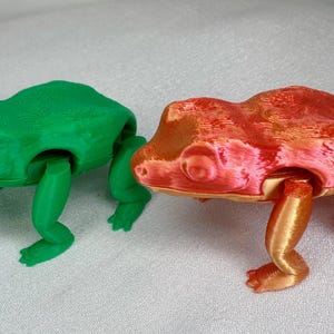 May include: Two 3D printed frog figurines, one green and one orange with gold accents. The frogs are articulated at the legs and have a whimsical, cartoonish style.
