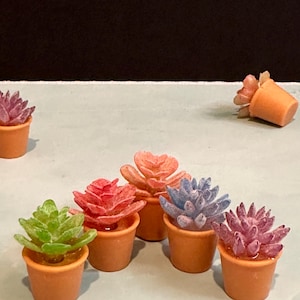 Buy 2 Get one Free!Miniature Colorful Faux Succulent Plants – 1:12 Scale Dollhouse Decor – Set of Mini Potted Plants
