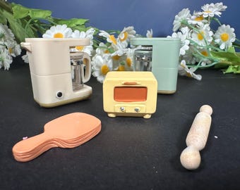 Miniature Bakery Kitchen Set | Dollhouse Coffee Maker Oven Rolling Pin Cutting Board Decor