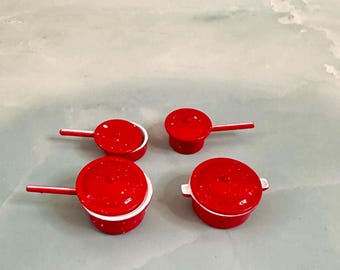 Buy 2 Get one Free! Miniature Red Pots with Lids – 1:12 Scale Dollhouse Cookware Set – Mini Kitchen Accessories