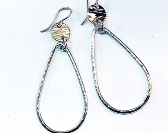 Two tone teardrop sterling silver drop earrings