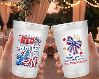 Vaso personalizado rojo y blanco 250 esmerilado: recuerdo de fiesta personalizado con el nombre de la familia para el 4 de julio