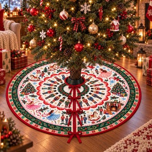 May include: A circular Christmas tree skirt featuring a white background with a repeating pattern of nutcrackers, ballerinas, rocking horses, and Christmas trees. The border is green with red accents, and the skirt has red ribbon ties.