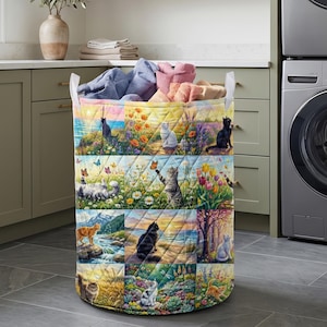 Patchwork Cat Painting Quilted Laundry Basket: Colorful Feline Floral Hamper