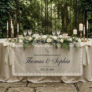May include: A beige linen wedding table runner featuring white lace trim and two side ribbons. The center displays the text: T/S, welcome to the wedding vow ceremony of Thomas & Sophia, JUN 21 2026. The table is decorated with white roses, greenery, and candles.