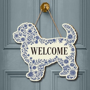 Floral Welcome Dog Door Hanger: Wooden Dog Lover Gift