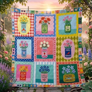 May include: A colorful quilt with nine square panels, each featuring a different illustration. The panels depict flowers, food items like tomatoes and pickles, and text labels such as "Cherry Tomatoes" and "Berry Jam". The quilt is hanging outside.