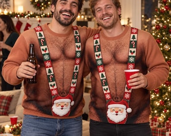 Funny Hairy Chest Ugly Christmas Sweater: Fake Santa Suspenders