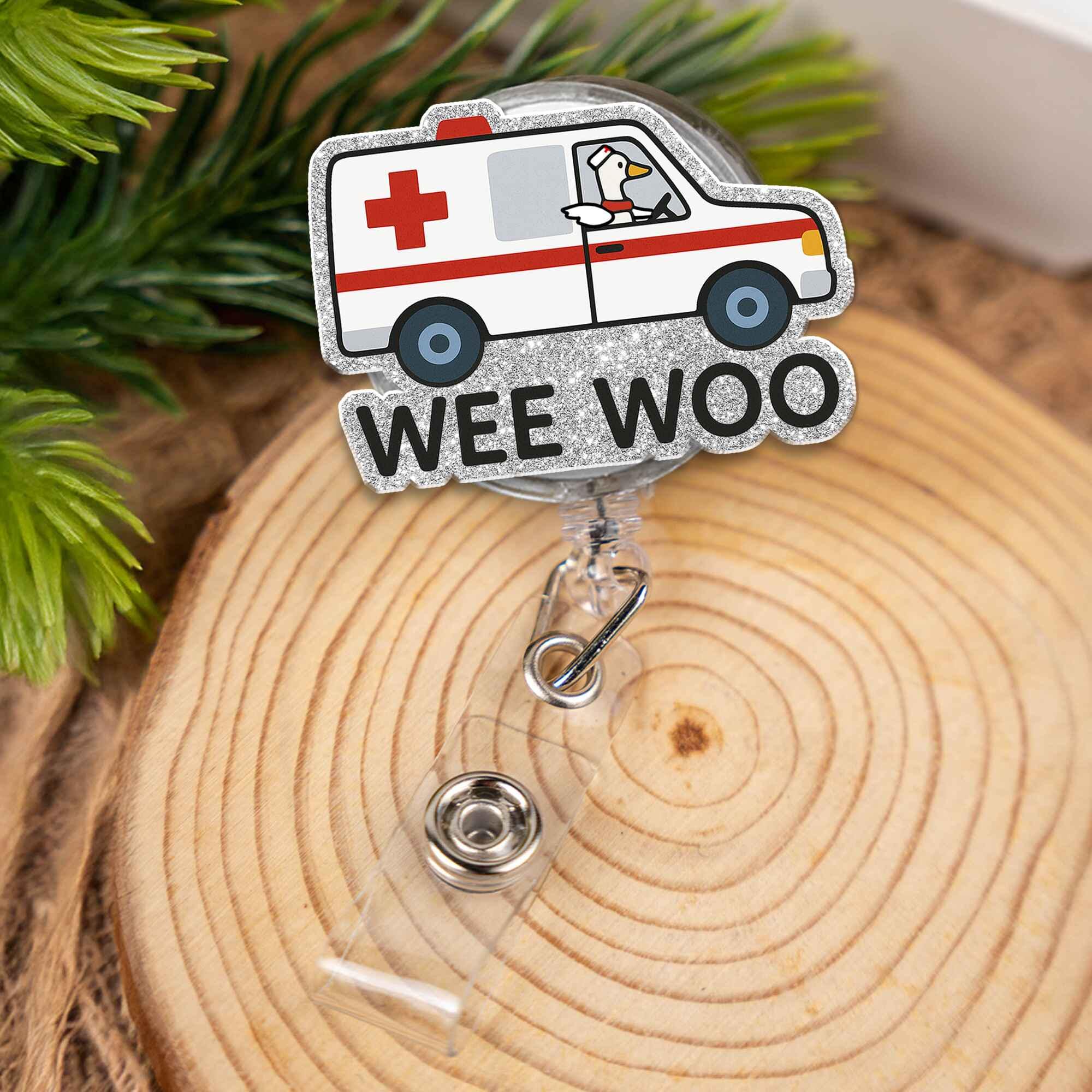 Wee Woo Ambulance Badge Reel, Funny Duck Driver Medical ID Holder, Cute Glitter Retractable Clip for Nurse EMT Paramedic Doctor Gift