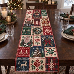 May include: A rectangular table runner featuring a patchwork design with red, green, and cream colors. The pattern includes illustrations of a Viking, a longship, a ram, a stave church, crossed axes, snowflakes, reindeer, and hearts in a quilted style.