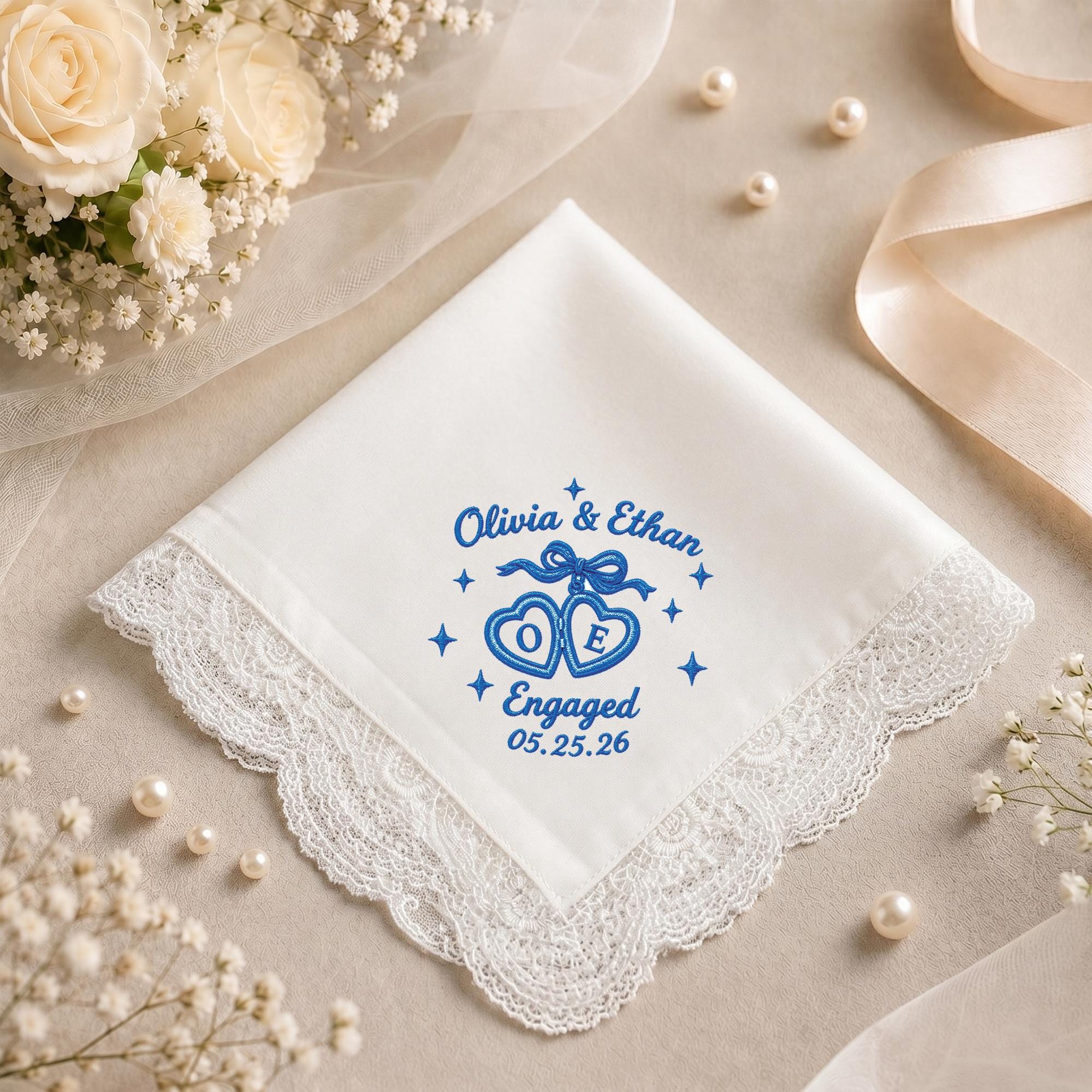 Discover Personalized Engagement Lace Handkerchief: Custom Name, Date, Something Blue Hankie