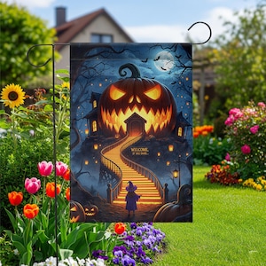 Scary Halloween Garden Flag – Haunted Pumpkin House Welcome Sign – Spooky Outdoor Yard Decor