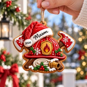 Puede incluir: Un adorno navideño estilo pan de jengibre con un casco de bombero rojo, emblema de llama dorada, dos hachas cruzadas y una manguera enrollada. Un gorro de Papá Noel rojo lleva el nombre Mason y el año 2026. Decorado con copos de nieve blancos y acebo.