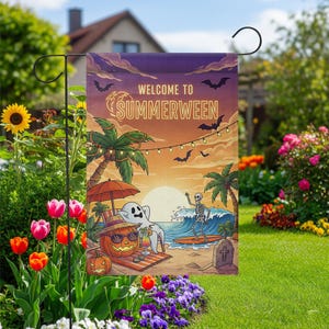 Summerween Garden Flag – Funny Halloween Beach Decor with Skeleton & Ghost