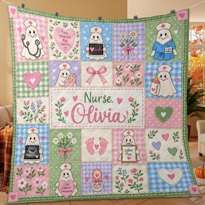 May include: A patchwork quilt featuring a central panel with the text Nurse Olivia, surrounded by squares depicting ghost-like figures in nurse caps, baby items, flowers, and hearts in pastel pink, blue, green, and purple with gingham patterns.