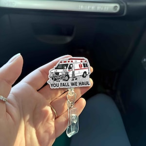 Funny Skeleton Ambulance Badge Reel, &quot;You Fall We Haul&quot; Retractable ID Holder, Gift for Nurse EMT Paramedic EMS Healthcare Worker
