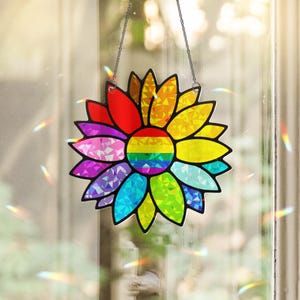 Holographische LGBT Regenbogen Sonnenblume Acryl Fensterschmuck, bunte Blumen Wohnkultur, einzigartige Geschenkidee, LGBTQ + Pride Month Geschenk