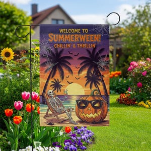 Summerween Garden Flag: Spooky Skeleton Pumpkin Decor - 12x18/28x40