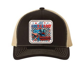 All American Boy Trucker Hat – Combine Harvester Cap for Farmers & Boys – Patriotic USA Flag Hat – 4th of July Farm Gift
