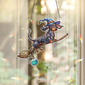 Halloween Dachshund Suncatcher, Witch Wiener Dog Window Hanging, Stained Glass Style Pet Decor, Fall Dachshund Gift