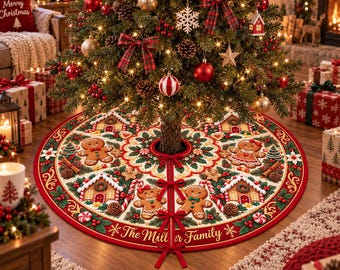 Personalized Gingerbread Quilt Tree Skirt: Custom Family Name Holiday Decor