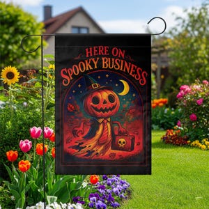Spooky Business Halloween Garden Flag, Vintage Pumpkin Scarecrow Yard Decor, Retro Outdoor Banner, Fall Porch Decoration, Spooky Season Art