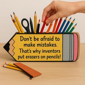 Pencil Shaped Holder with Quote, Inspirational Desk Organizer, Unique Teacher Appreciation Gift, Motivational Pen Caddy for Student Writer