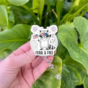 USA Patriotic Raccoon Badge Reel, Feral & Free Retractable ID Holder, Funny 4th of July Nurse Doctor Student Lanyard